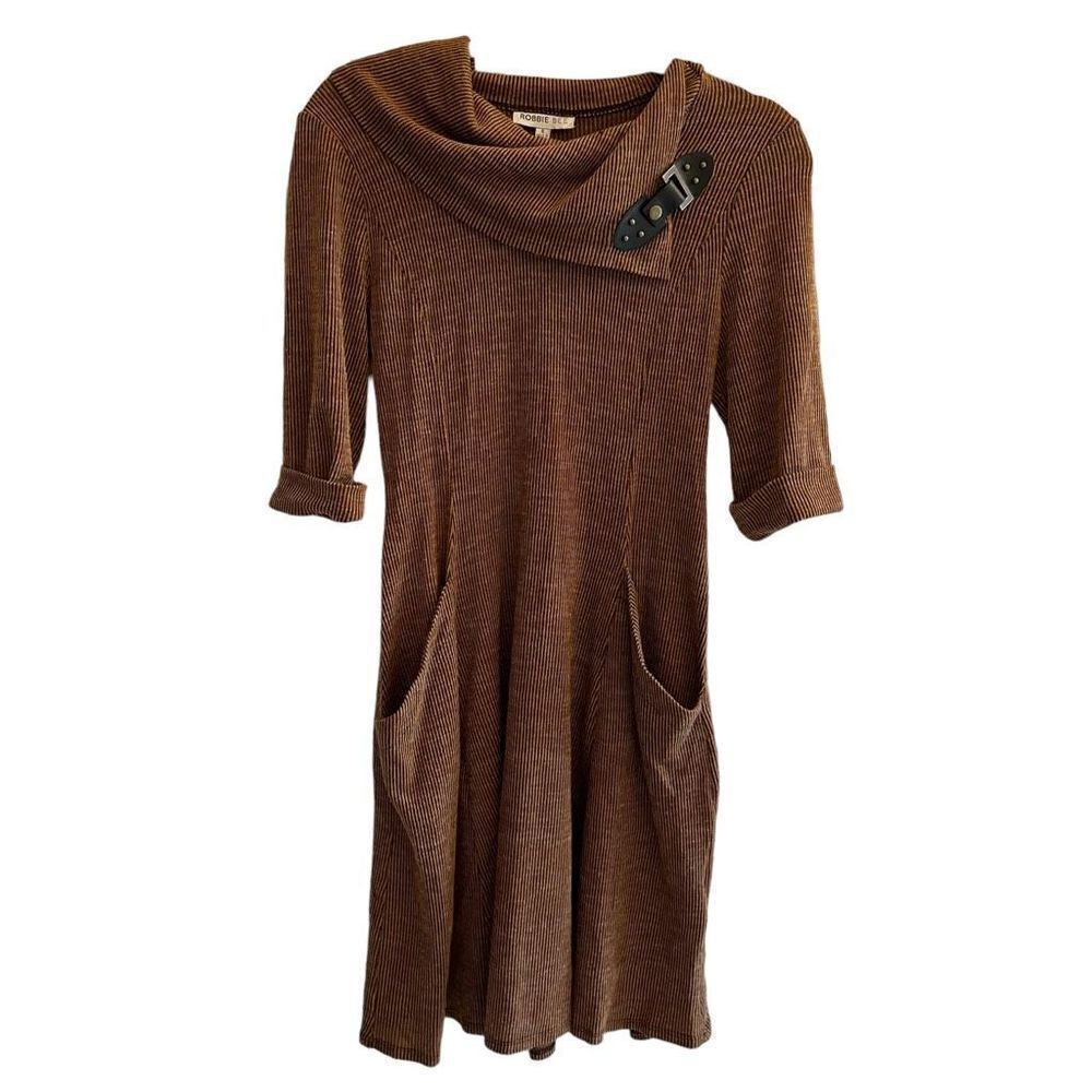 New Robbie Bee Corded Mustard Brown Black Tunic Dress Women’s Size Small